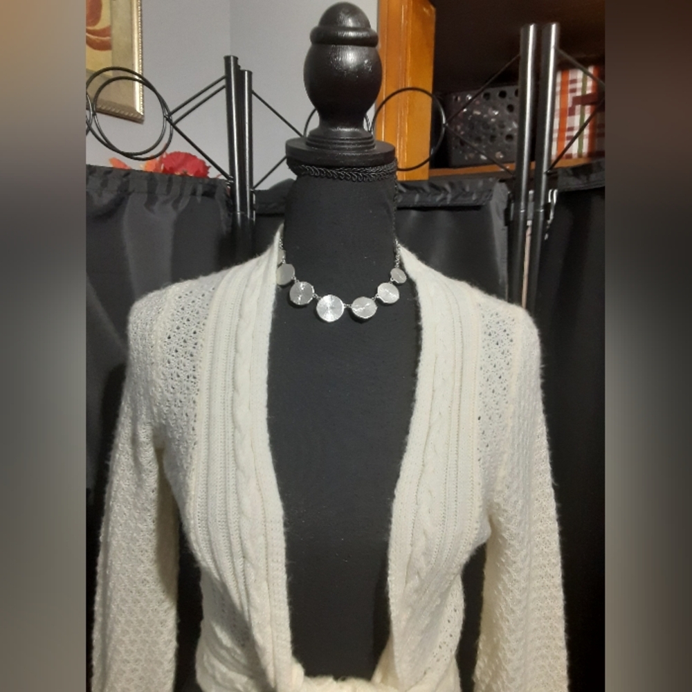 Candie's Cream Women's Cardigan Sweater Tie Up Size L Coquette Cottage - Picture 2 of 7